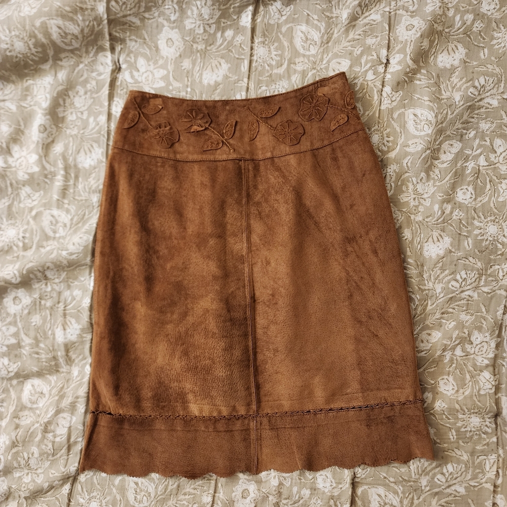 Vintage Y2K Leather Suede Brown Skirt Floral Bohochic Camel Tan VTG Boho